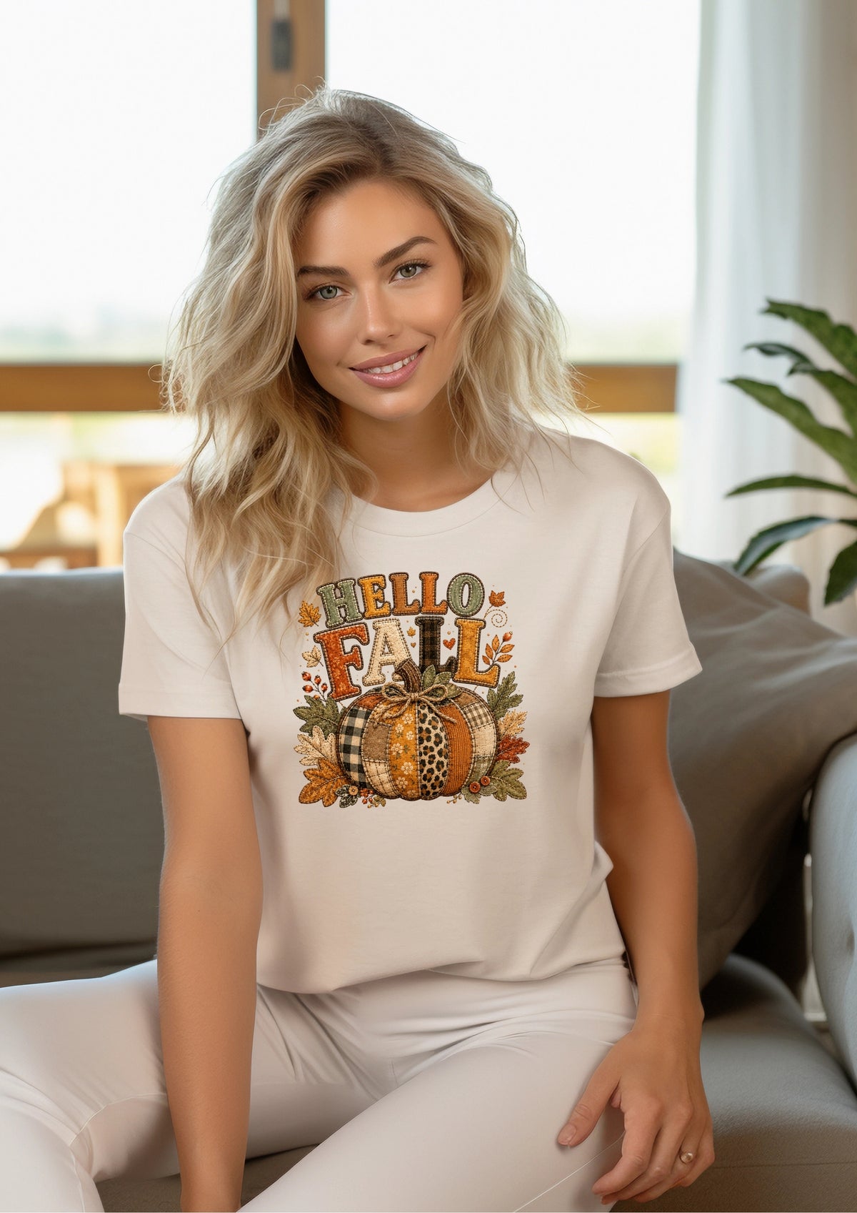 A woman sitting on a gray couch wearing a cream-colored t-shirt with a 'Hello Fall' autumn graphic featuring pumpkins and leaves.