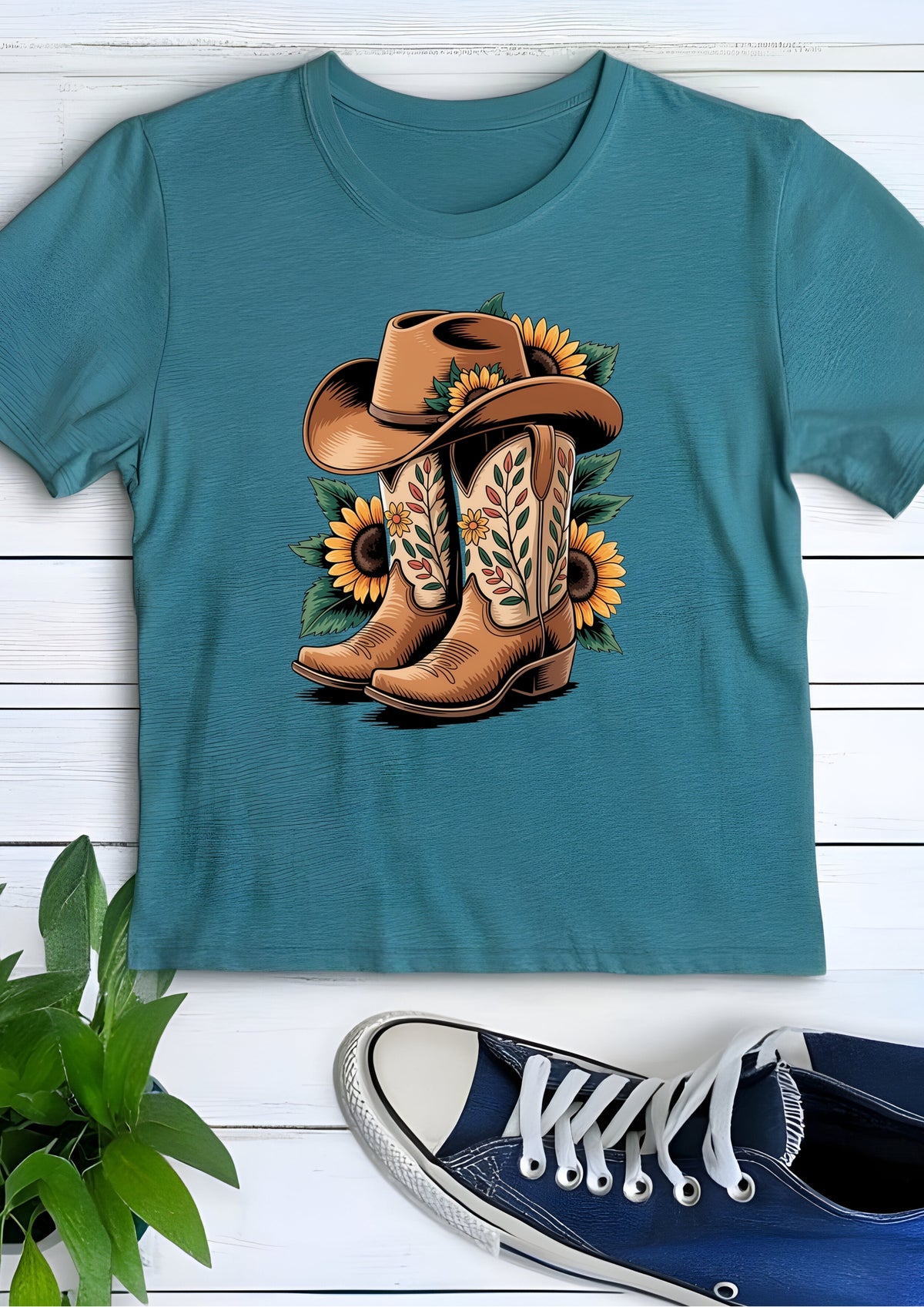 A teal short-sleeve t-shirt with a graphic of brown cowboy boots, a cowboy hat, and yellow sunflowers, displayed on a white wood background with a navy blue sneaker and green leaves as props.