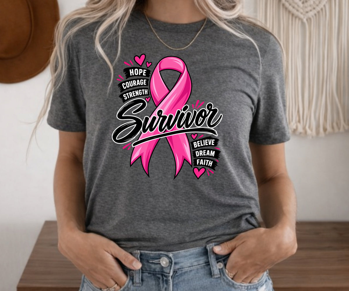 A woman wearing a dark heather gray t-shirt with a pink breast cancer awareness graphic that reads 'Hope Courage Strength Survivor Believe Dream Faith' with a pink ribbon and hearts.