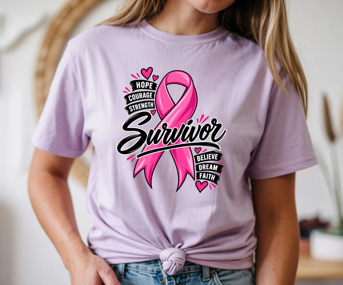 A woman wearing a light lavender t-shirt with a pink and black graphic that reads 'Hope Courage Strength Survivor Believe Dream Faith' with a pink ribbon, paired with blue jeans.