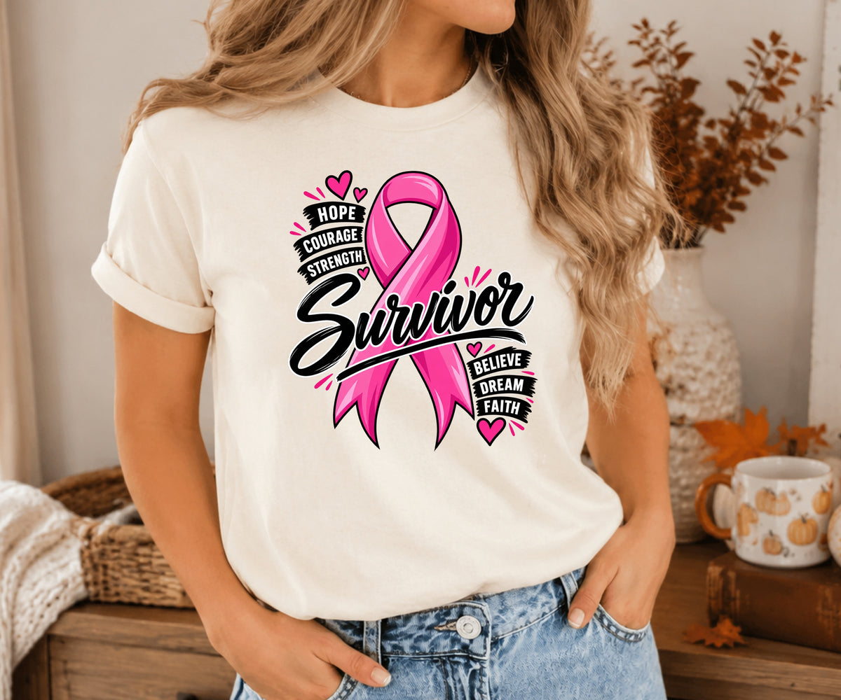 A woman wearing a white short-sleeve graphic T-shirt with a pink ribbon and the word 'Survivor' printed on the front, paired with blue jeans in a cozy indoor setting.