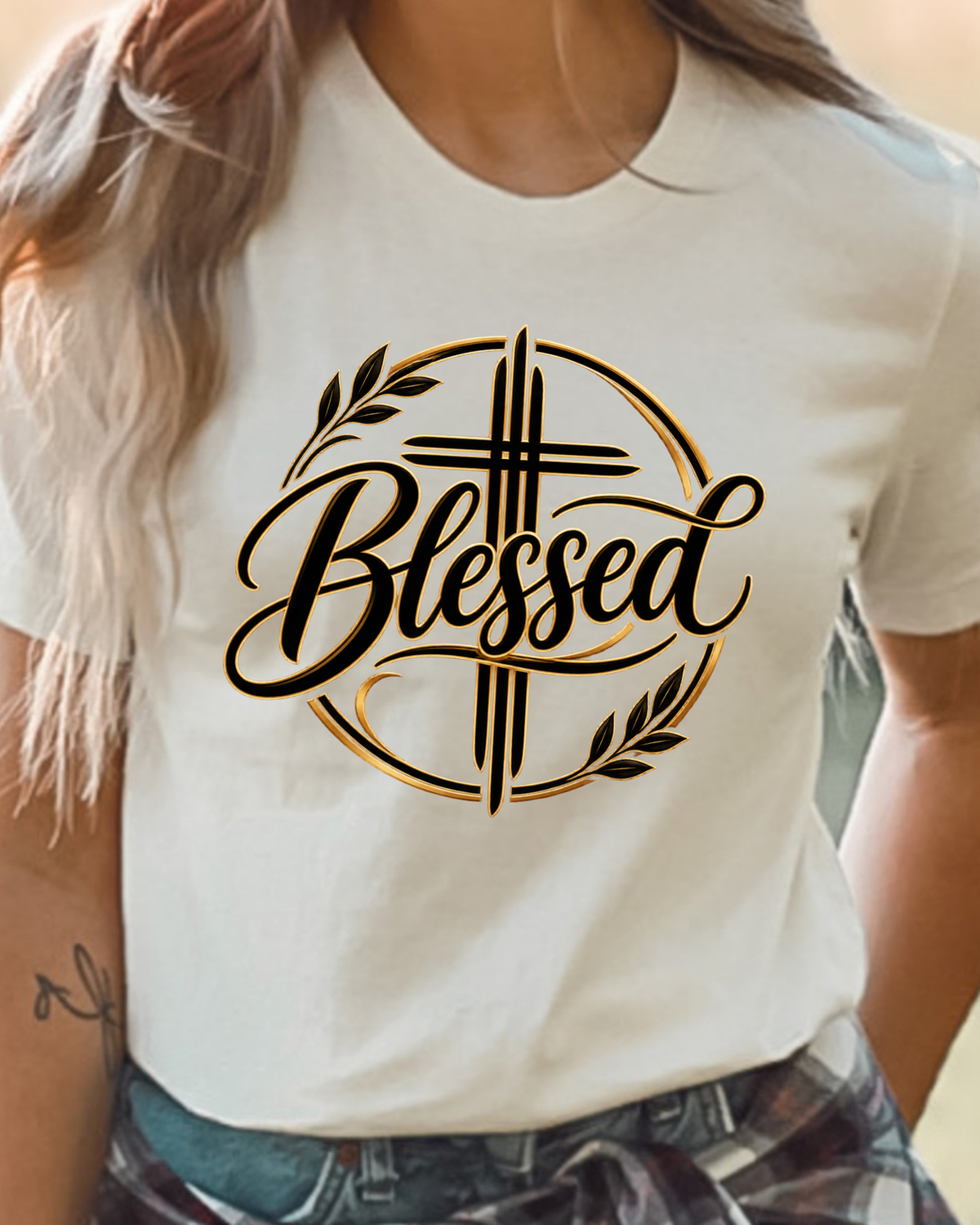 Soft cream Blessed cross Christian faith graphic tee worn by a woman