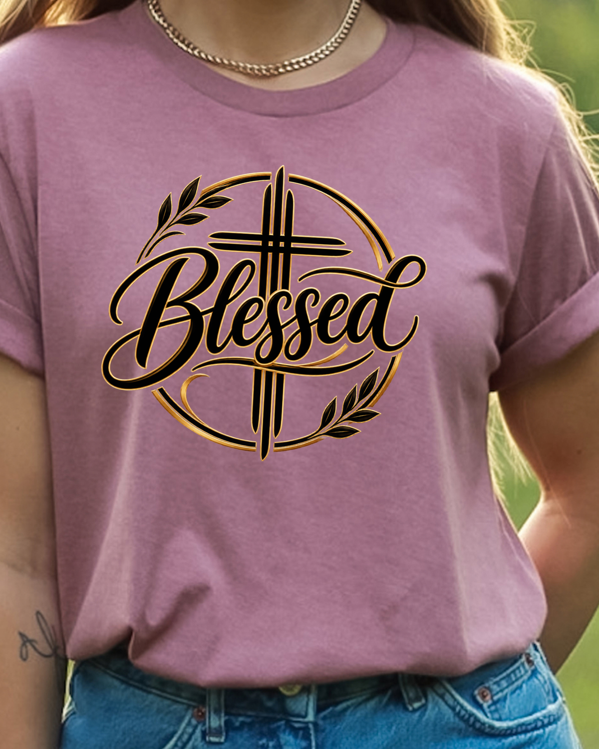 woman standing wearing a Blessed cross heather mauve Christian graphic tee