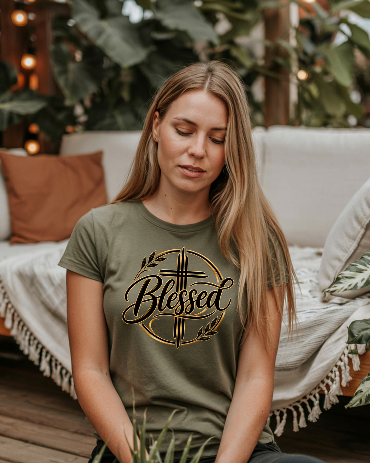 woman sitting on a couch wearing a Blessed cross Christian olive graphic tee